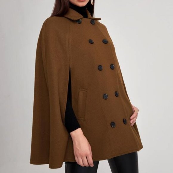 Cloak Sleeve Double Button Cape Coat brown - Picture 2 of 11